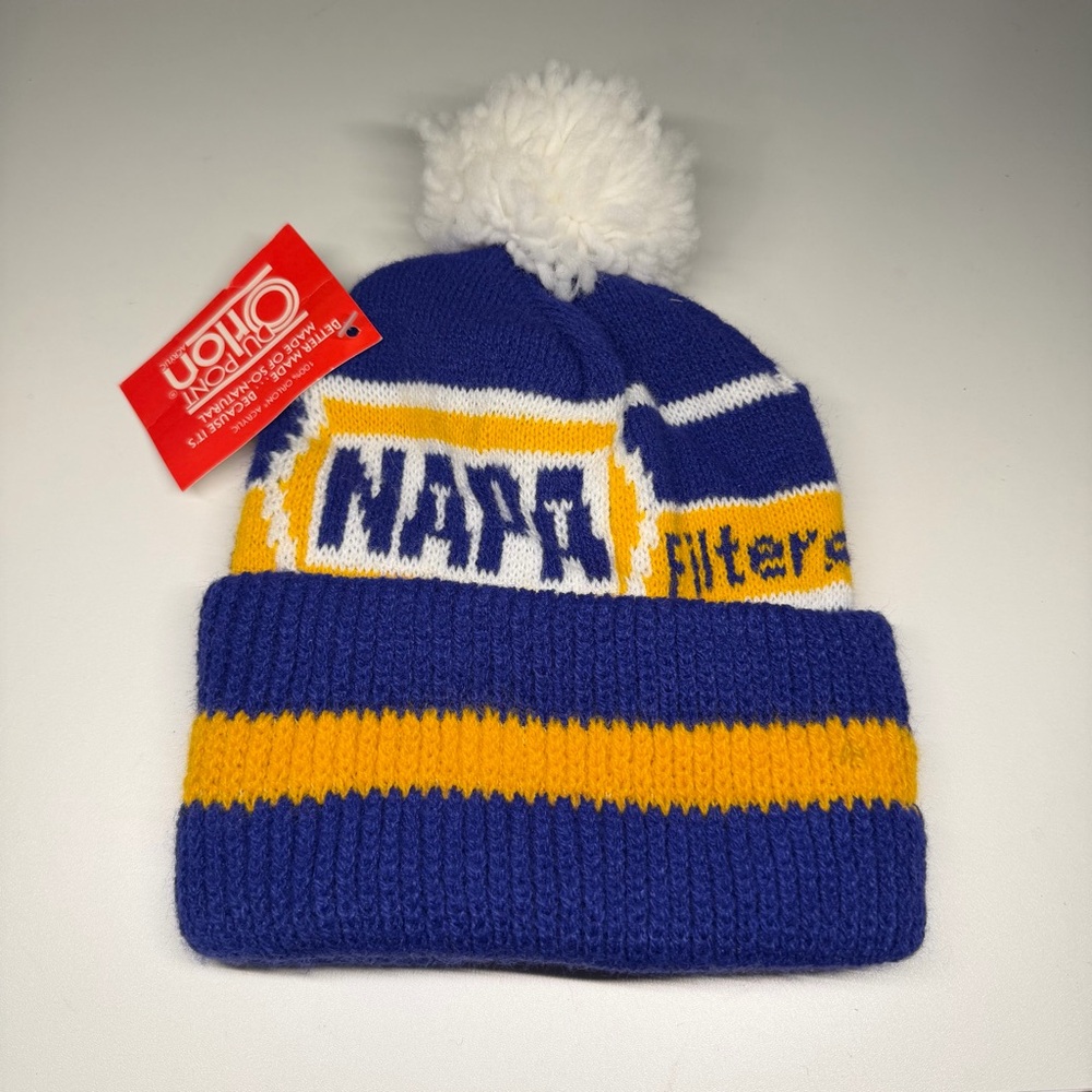 Vtg Deadstock 80’s 90’s NAPA Auto Parts Knit Winter Pom Beanie Hat Cap